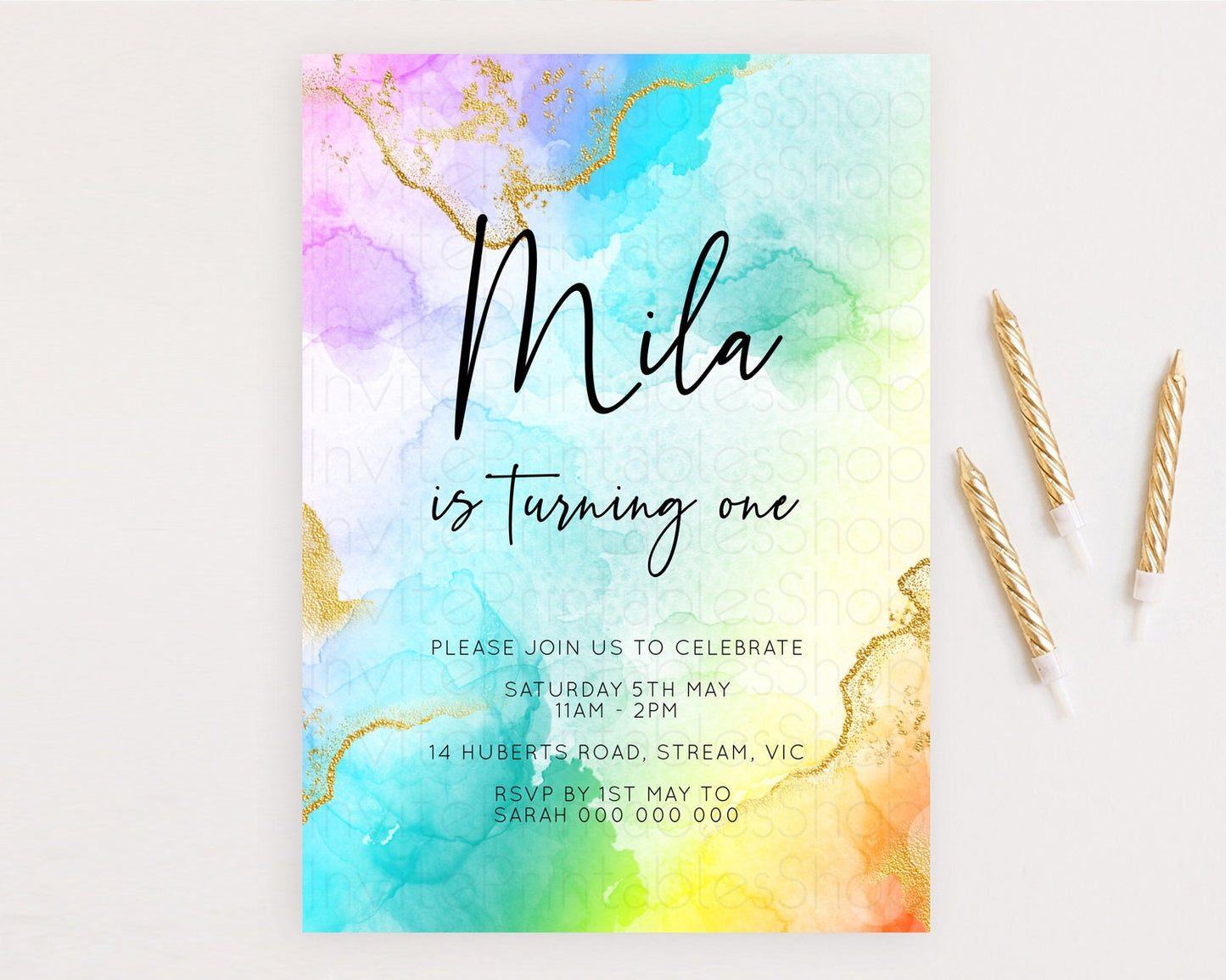 Rainbow Birthday Invitation Colorful Pastel Watercolor Invitation Gold Glitter Sprinkles Ombre Pastel 1st 2nd 3rd Birthday D10390