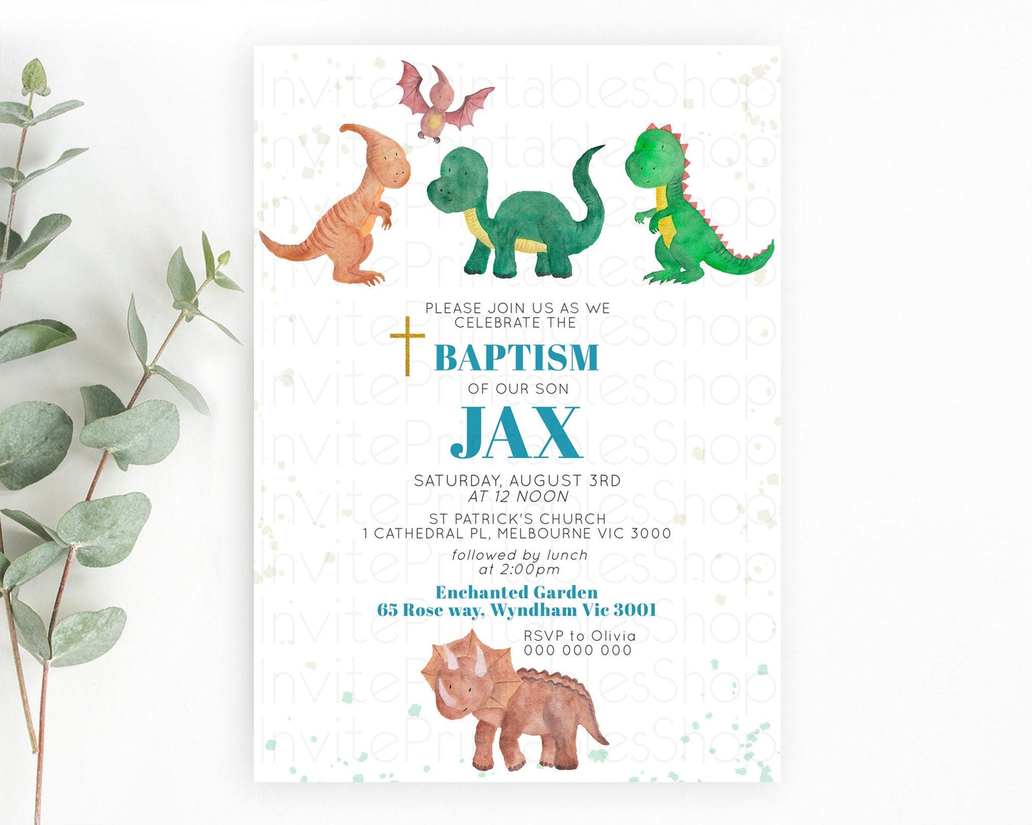 Dinosaur Baptism Invitation Dinosaur Volcano Baptism 1st Birthday Invitation Watercolor T-Rex Raptor Jurassic Christening Invitation D10153