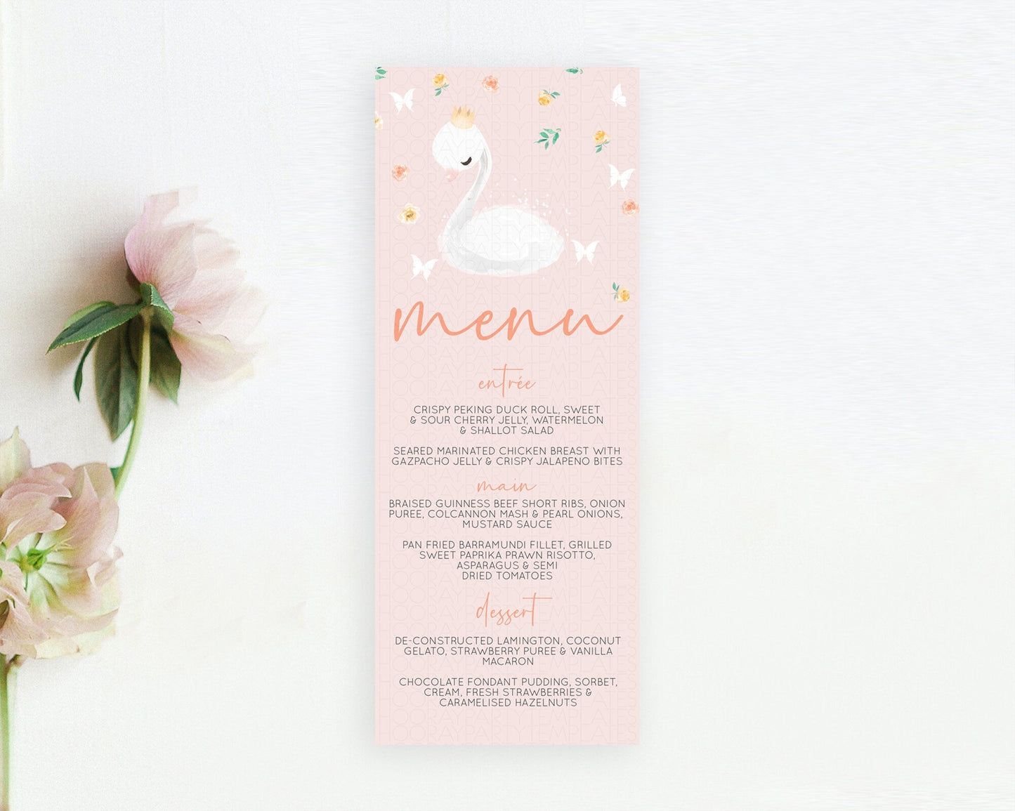 Swan Menu Swan Princess Ballet Menu Template Enchanted Swan Lake Table Decor Secret Garden Pastel Floral Dinner Dessert Food Menu D10388