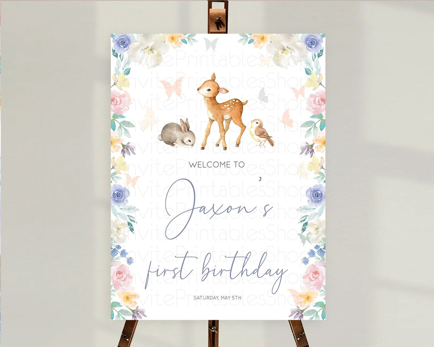 Fawn Welcome Sign Deer Welcome Board Floral Deer Welcome Poster Enchanted Forest Butterfly Pastel Floral First Birthday Welcome Sign D10930