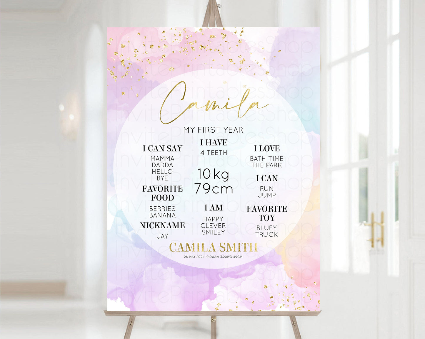 Pastel First Birthday Milestone Board Pastel Rainbow Milestone Poster Watercolor Glitter One Year Poster Colorful Splash Baby 1st Year 599v1
