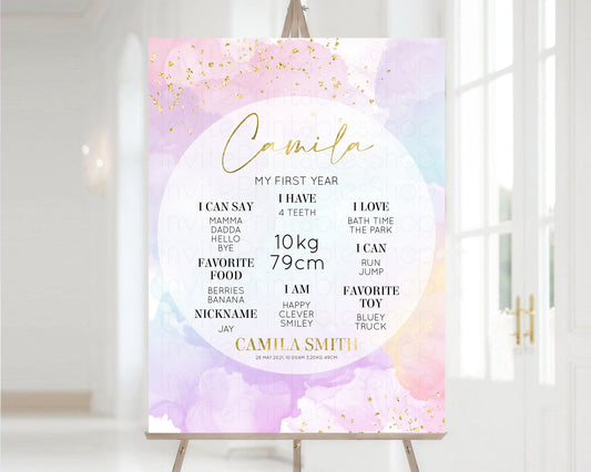 Pastel First Birthday Milestone Board Pastel Rainbow Milestone Poster Watercolor Glitter One Year Poster Colorful Splash Baby 1st Year 599v1