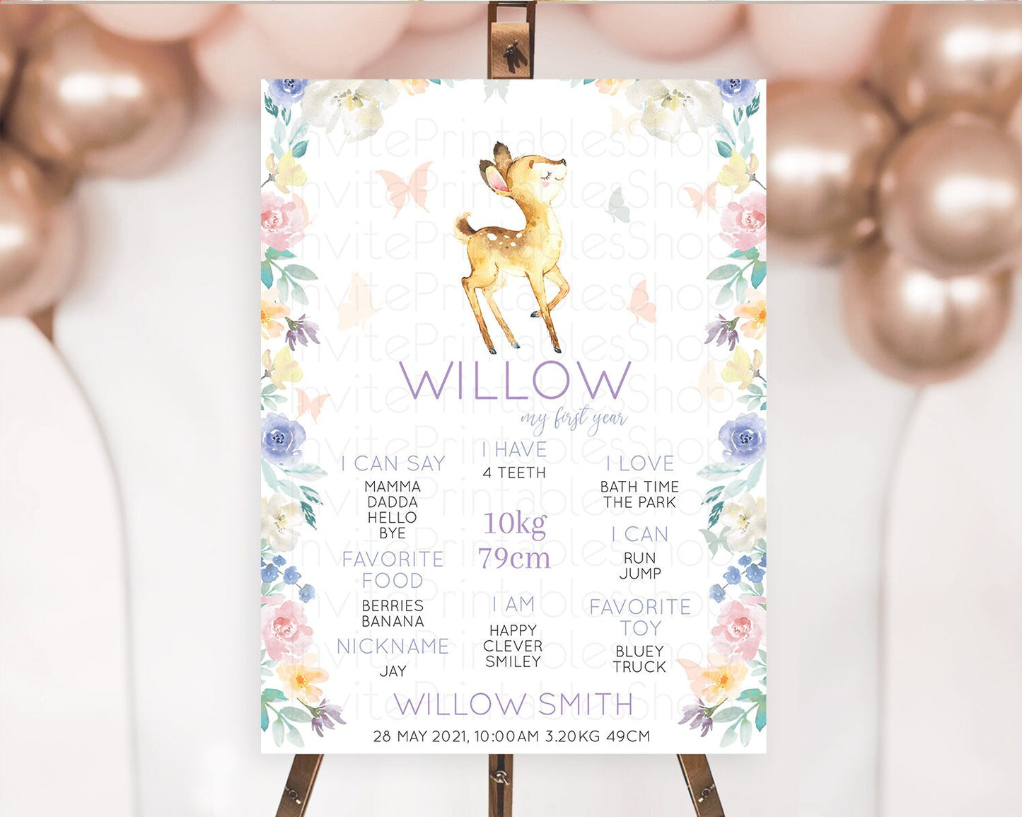 Fawn First Birthday Milestone Board Deer First Birthday Milestone Poster Enchanted Forest Butterfly Pastel Flowers 1st Birthday Sign D11001