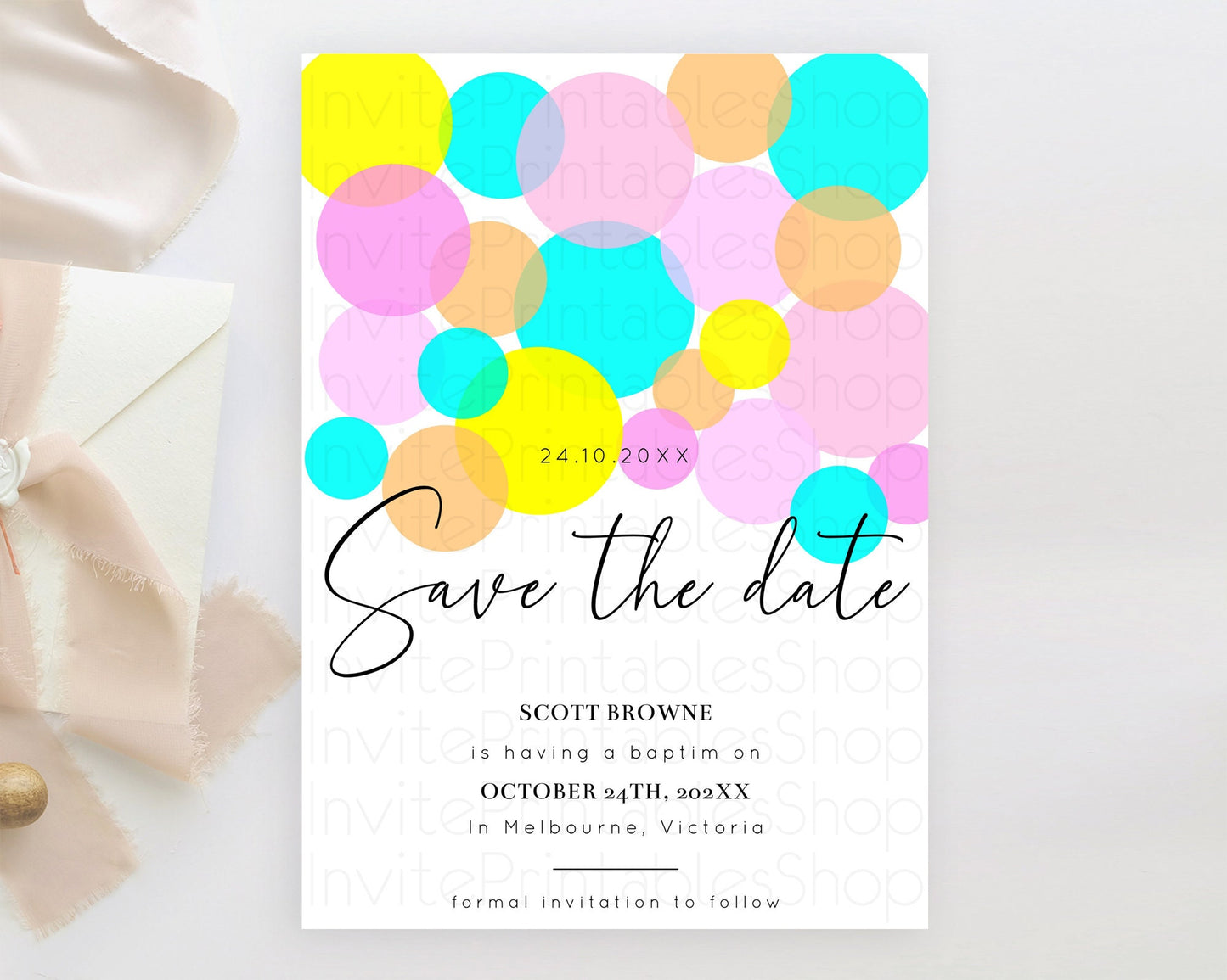 Pastel Confetti Save The Date Template Rainbow Colorful Sprinkles Party For 1st Birthday Baptism Baby Shower Wedding Bridal Shower D10896