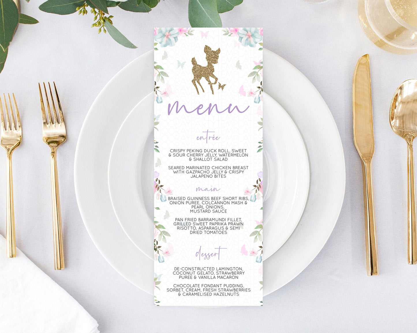 Fawn Menu Deer Menu Template Pastel Floral Deer Table Decor Enchanted Forest Butterfly Floral Dinner Dessert Menu Party Food Menu D10476