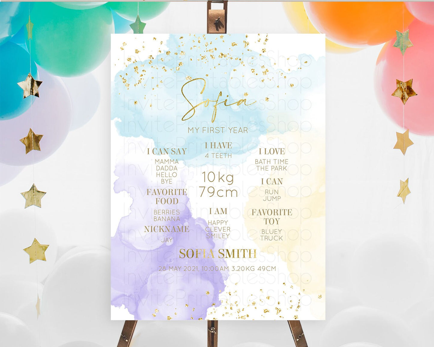 Pastel First Birthday Milestone Board Pastel Rainbow Milestone Poster Colorful Confetti Watercolor Glitter 1st Birthday Welcome Sign D10206