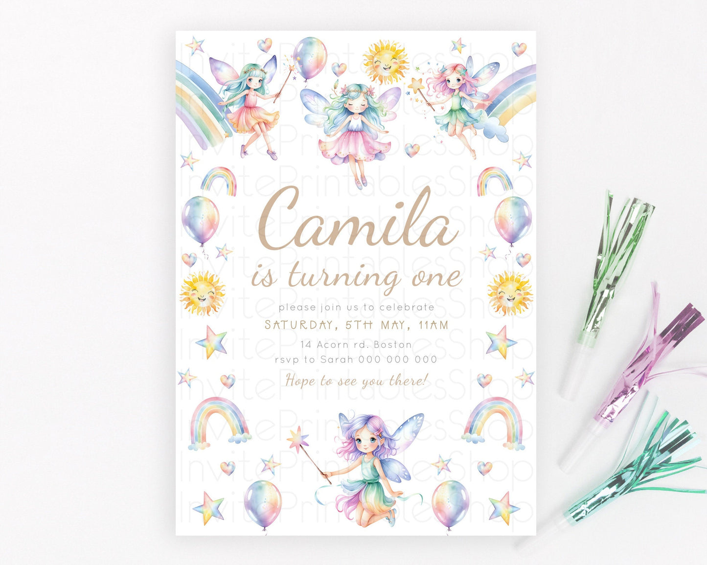 Rainbow Fairy Birthday Invitation Pastel Birthday Invitation Magical Pastel Fairy Party Theme Pastel Stars Heart Sun 1st 2nd Birthday D23373