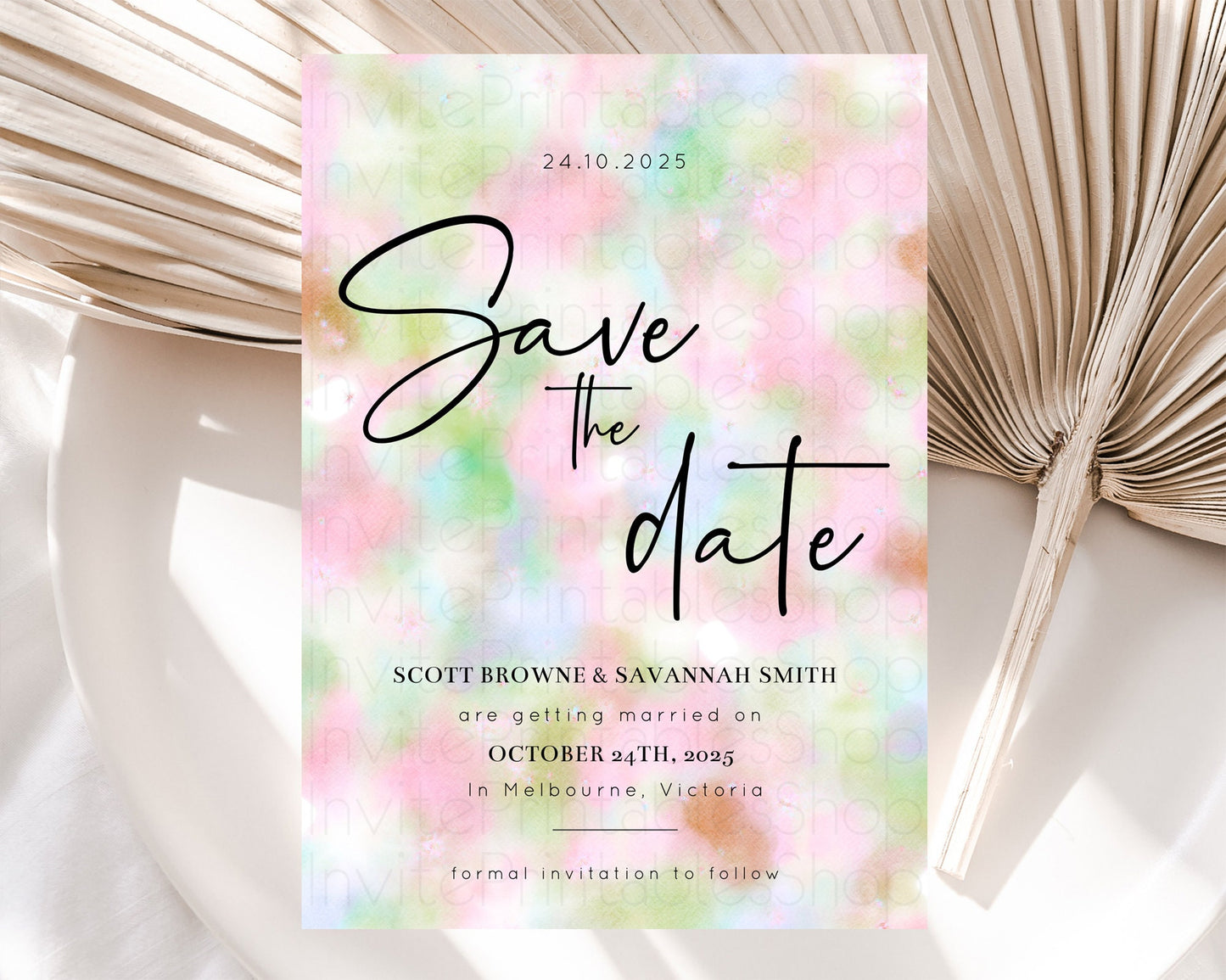 Pastel Save The Date Template Pastel Ombre Rainbow Watercolor Colorful Party For Birthday Baptism Baby Shower Wedding Bridal Shower D10698