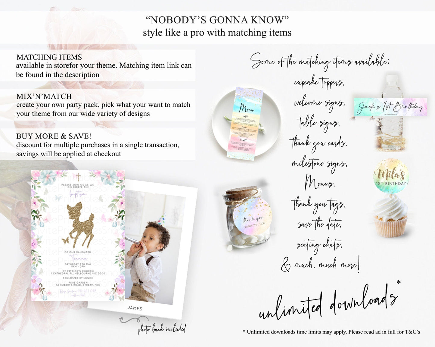 Fawn Baptism Invitation Deer Baptism 1st Birthday Invitation Enchanted Forest Christening Invitation Pastel Garden Butterfly Floral D10476