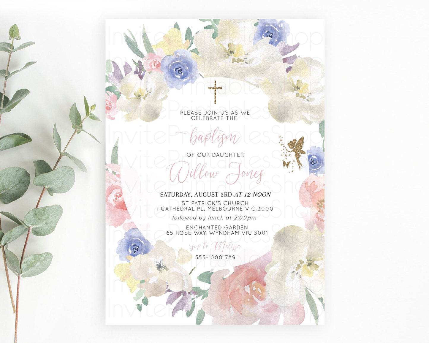 Fairy Baptism Invitation Fairy Baptism 1st Birthday Invitation Enchanted Secret Garden Christening Invite Pastel Floral Butterfly D10852