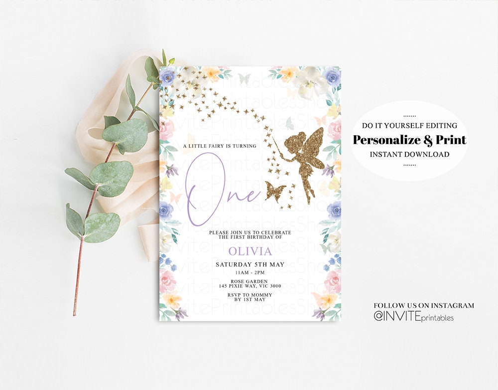 Fairy Birthday Invitation Enchanted Garden Fairy Garden Watercolor Secret Garden Glitter Floral Pastel Pink Blue Yellow Purple Flowers F113