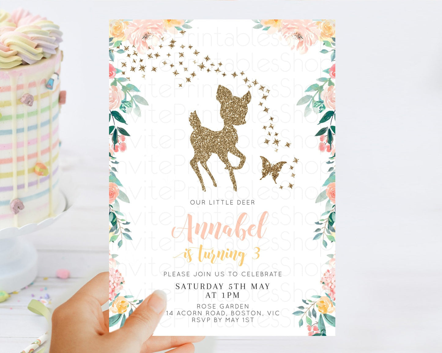 Fawn Birthday Invitation Deer Birthday Invitation Enchanted Forest Party Butterfly Pastel Flowers Whimsical 2nd 1st First Birthday D10874