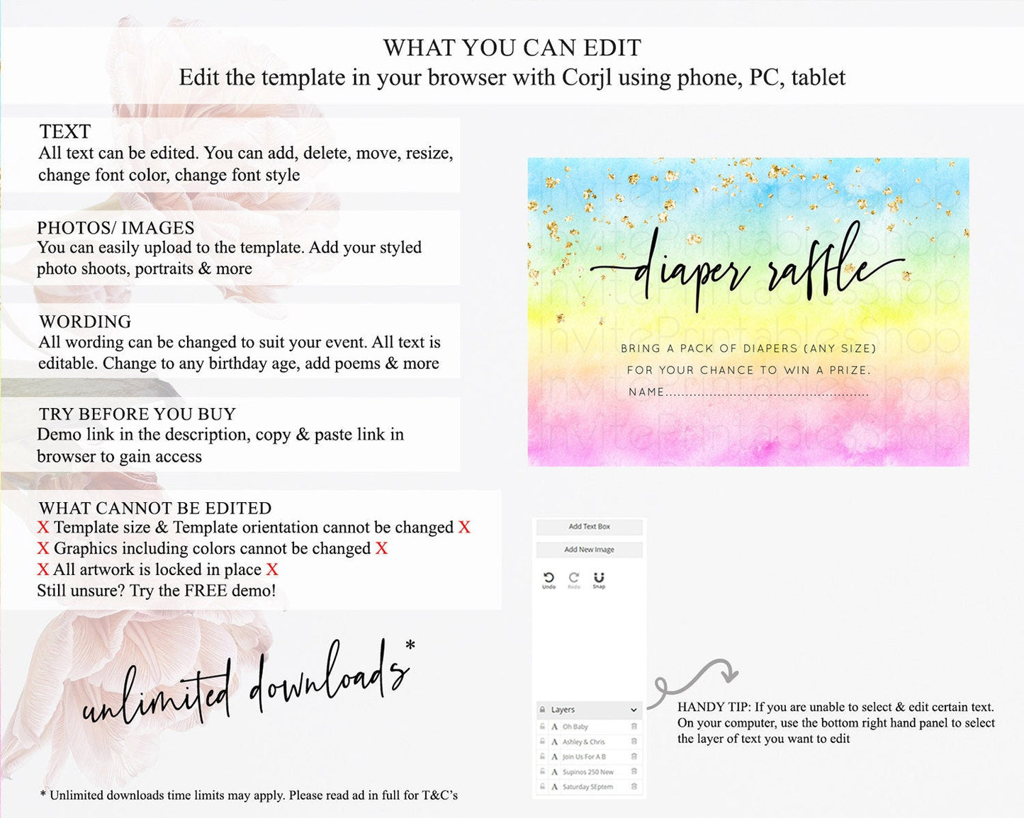 Pastel Diaper Raffle Card Pastel Rainbow Diaper Raffle Insert Colorful Ombre Watercolor Diaper Ticket Confetti Glitter Raffle Game D10480