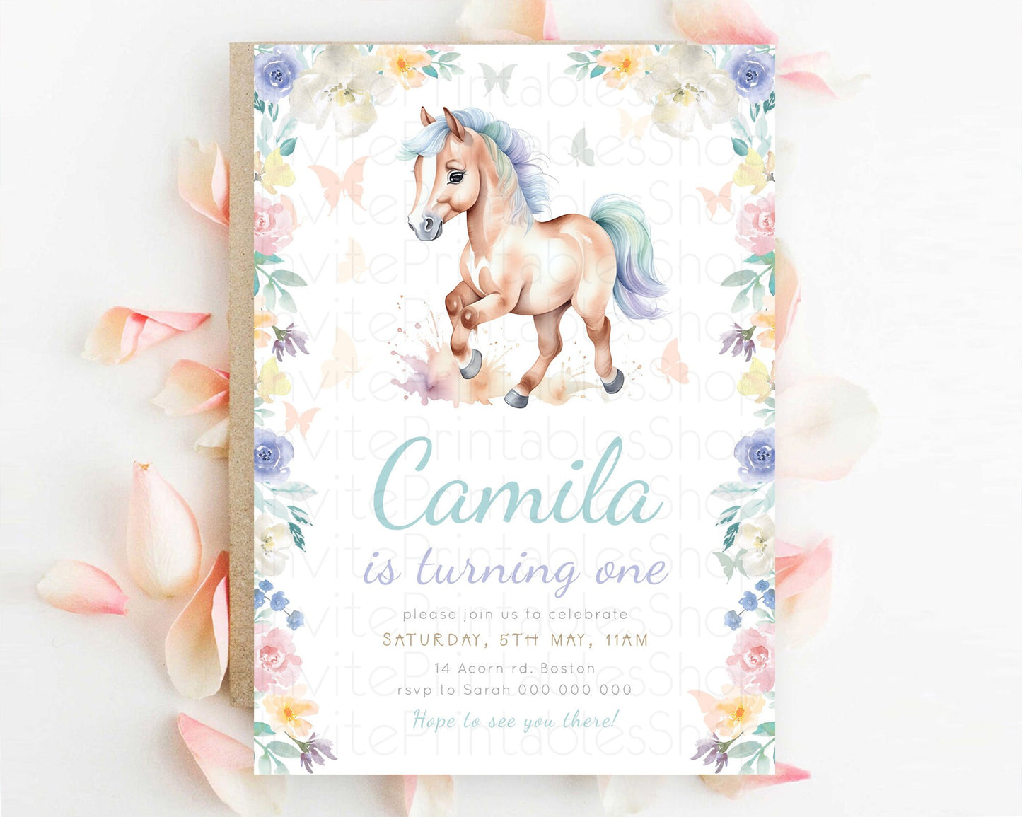 Horse Birthday Invitation, Galloping Wildflower Fields, Pastel Flowers, Butterflies, Flowers Accents for Equestrian & Cowgirls d23384