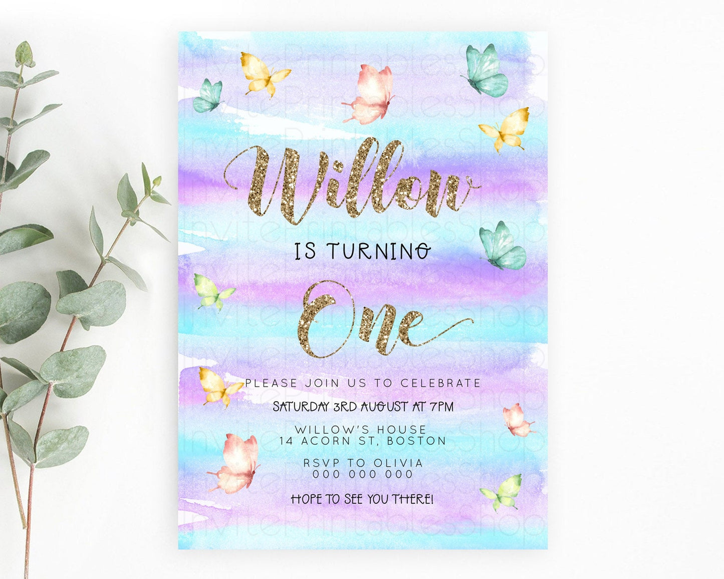 Pastel Butterfly Birthday Invitation Butterfly Birthday Invitation Colorful Splash Glitter Butterfly Garden 1st 2nd Birthday D23217