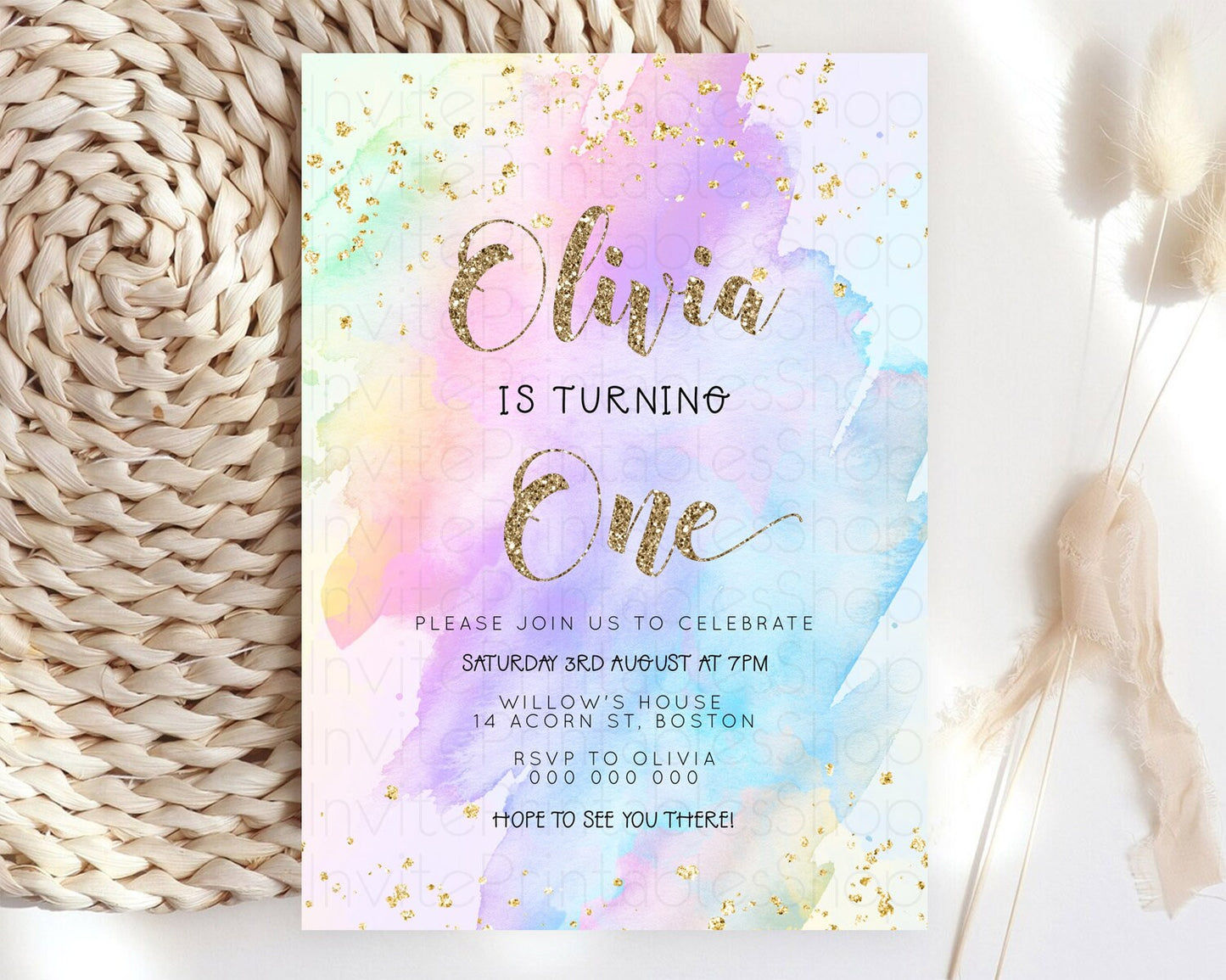 Rainbow Birthday Invitation Colorful Pastel Watercolor Invitation Gold Glitter Sprinkles Ombre Pastel 1st 2nd 3rd Birthday D23295