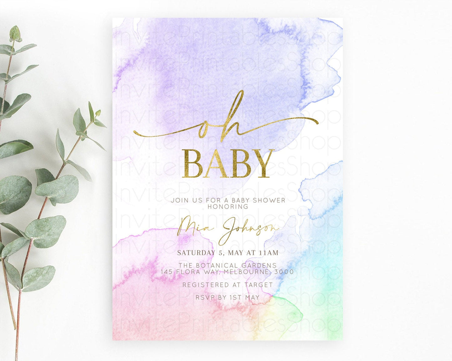 Pastel Baby Shower Invitation Rainbow Baby Shower Invitation Colorful Pastel Watercolor Invitation Gold Glitter Sprinkles Ombre D10215