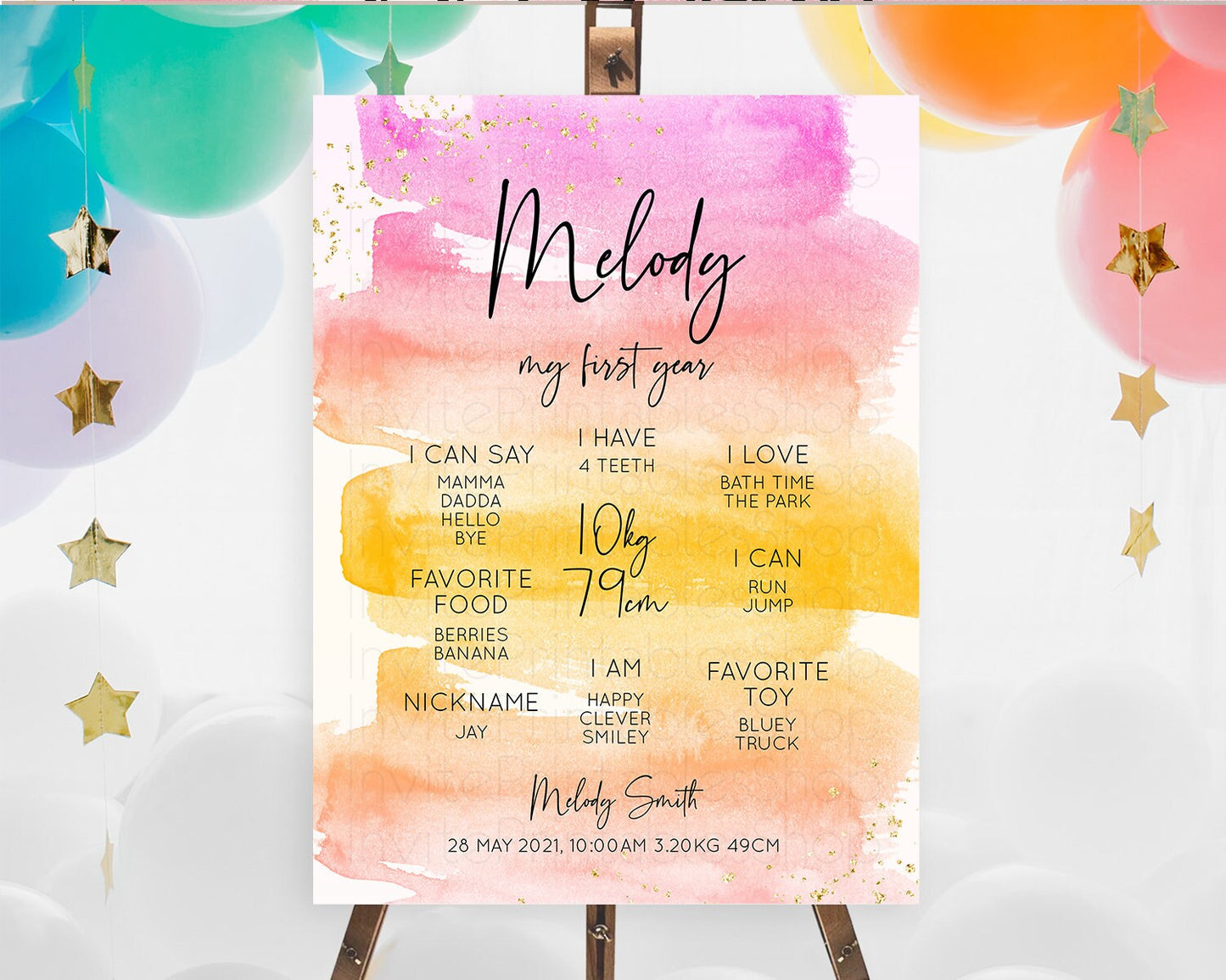 Pastel First Birthday Milestone Board Pastel Rainbow Milestone Poster Colorful Confetti Watercolor Glitter 1st Birthday Welcome Sign D10520