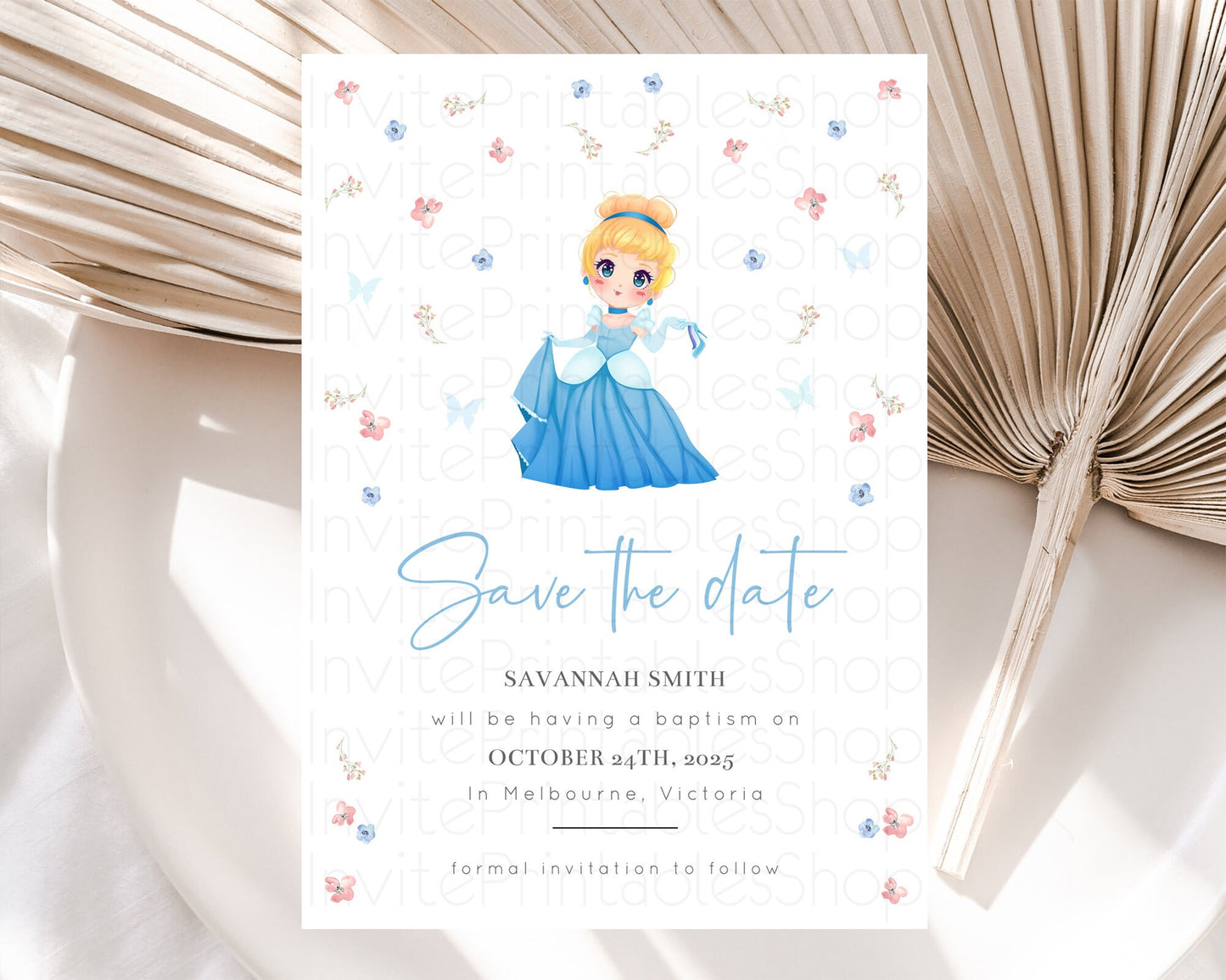 Princess Save The Date Template Secret Garden Enchanted Castle Pastel Floral Royal Party For 1st Birthday Baptism Baby Shower D10354