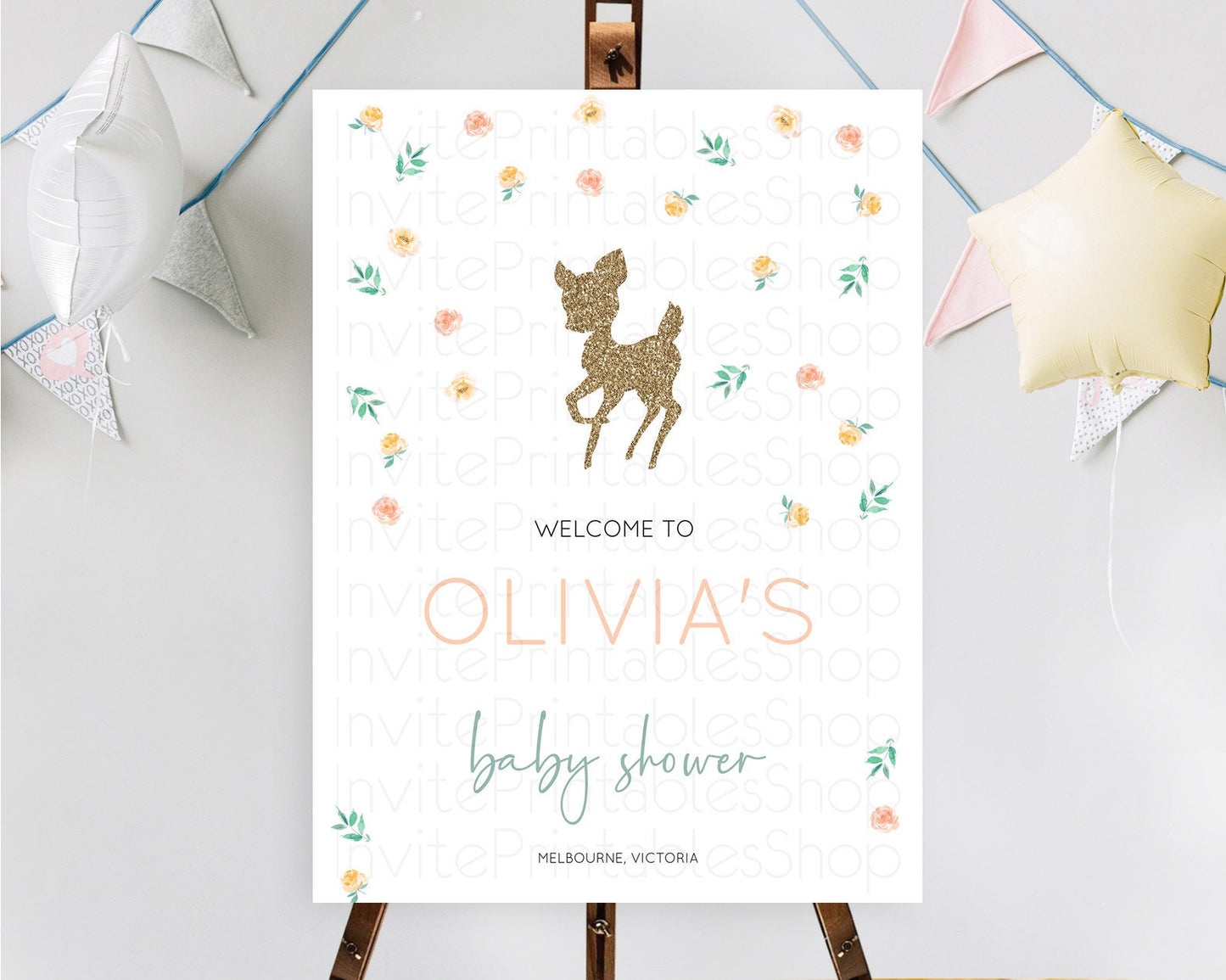 Fawn Baby Shower Welcome Sign Deer Welcome Board Floral Deer Welcome Poster Enchanted Forest Butterfly Pastel Floral Welcome Sign D10355