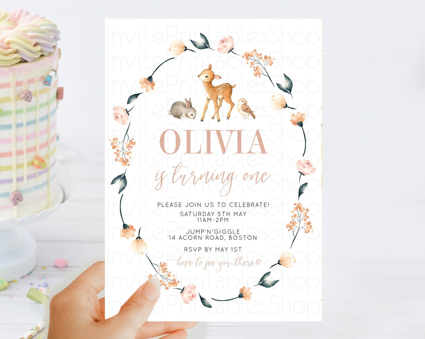 Fawn Birthday Invitation Deer Birthday Invitation Enchanted Forest Party Butterfly Pastel Flowers Whimsical 2nd 1st First Birthday D10241