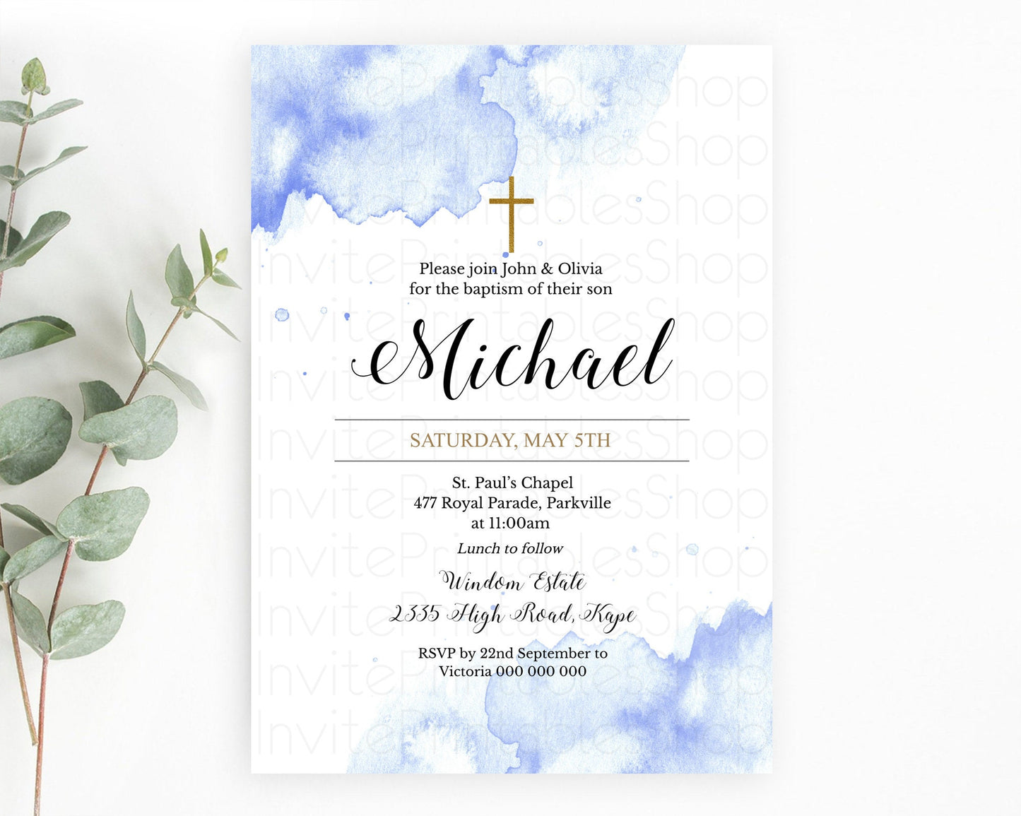 Blue Baptism Invitation Blue Watercolor Baptism 1st Birthday Invitation Pastel Blue Watercolor Christening Invite Blue Splash D10313