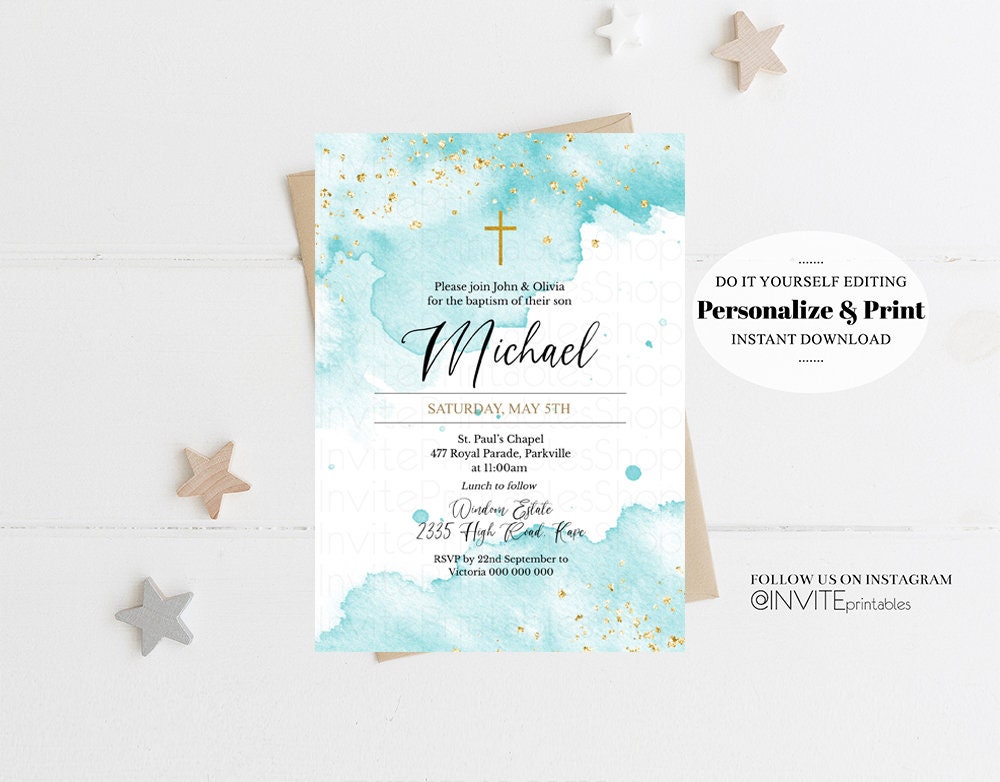 Blue Gold Watercolor Baptism Invitation Pastel Splash Christening Invitation Glitter Sprinkles Invite Cross Holy Communion