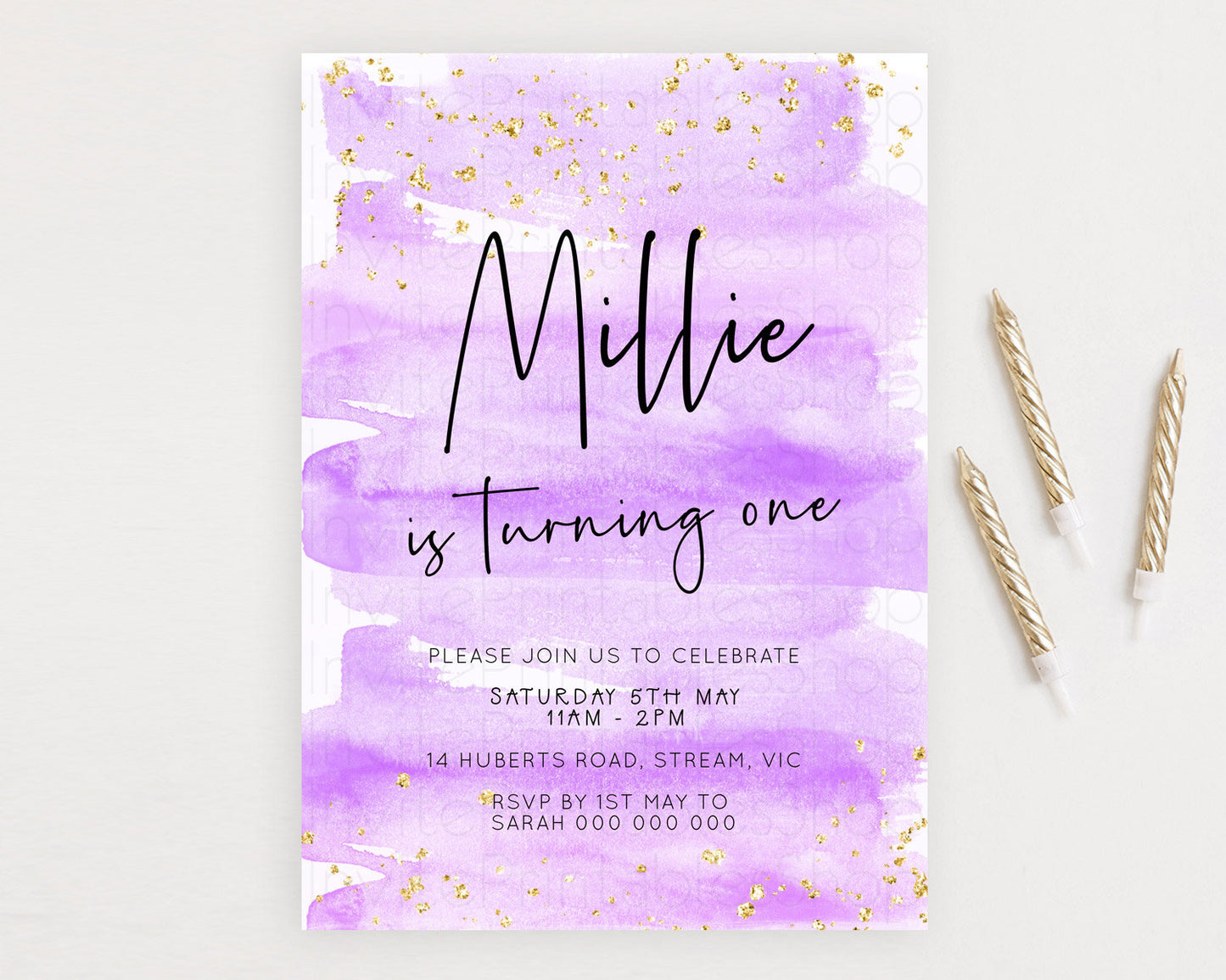 Purple Birthday Invitation Purple Watercolor Invite Pastel Purple Watercolor Invitation Purple Splash Gold Invitation First Birthday D23049