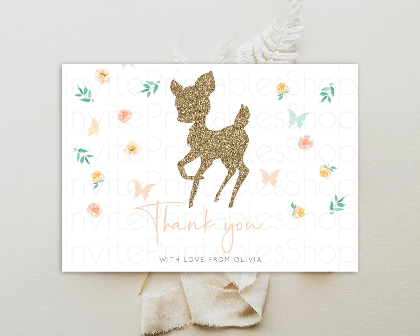 Fawn Thank You Deer Thank You Card Pastel Floral Deer Birthday Thank You Card Enchanted Forest Butterfly Deer Teacher Thank You Card D10355