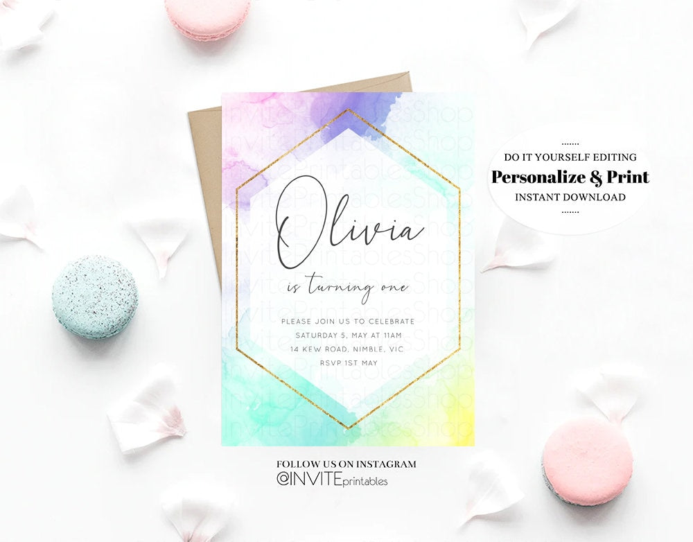 Pastel Rainbow Birthday Invitation Colorful Watercolor Splash Ombre Ink Paint Gold Foil Purple Pink Blue Custom Printable