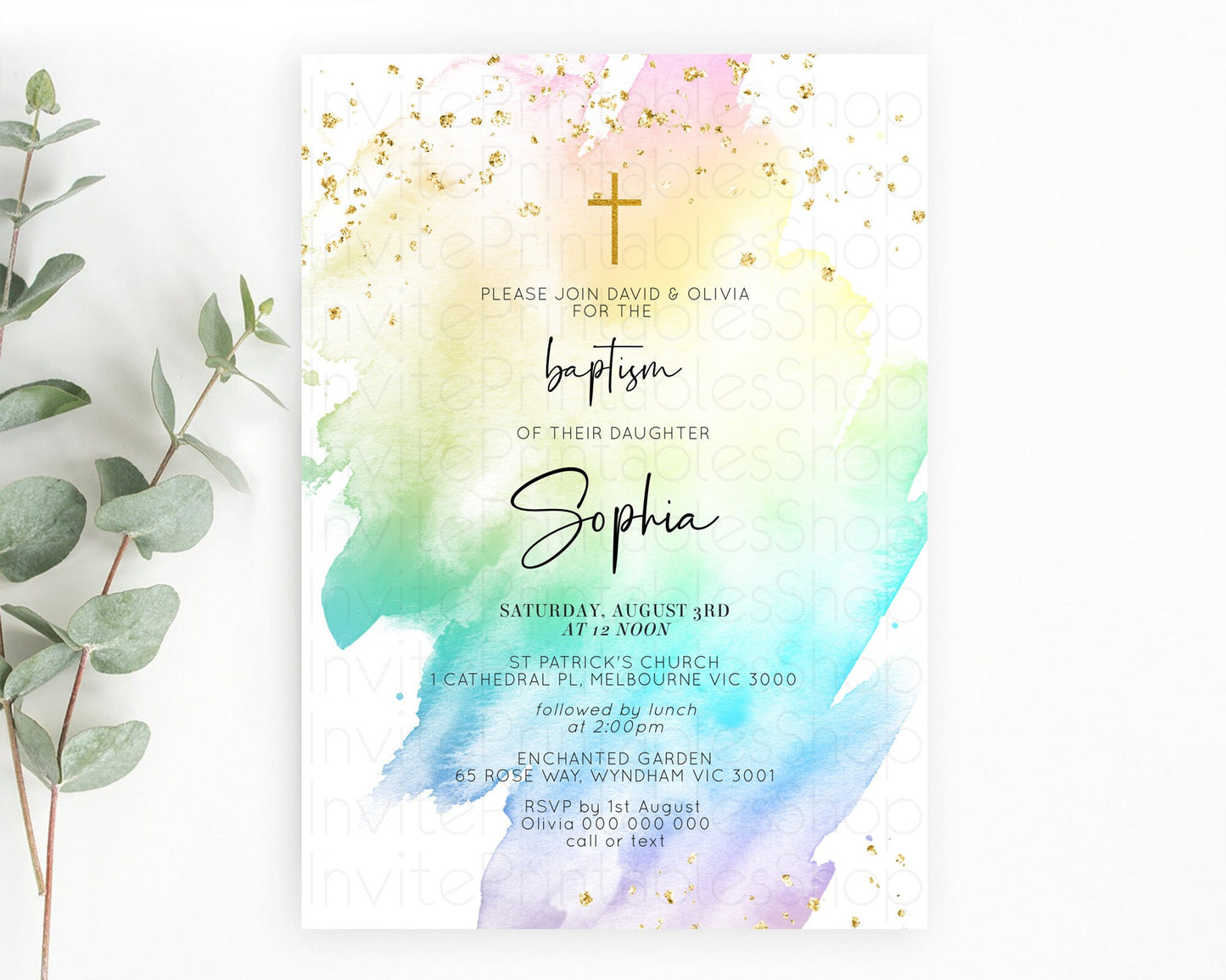 Pastel Baptism Invitation Pastel Colors Watercolor Baptism 1st Birthday Party Gold Ombre Pastel Rainbow Christening Holy Communion D10279