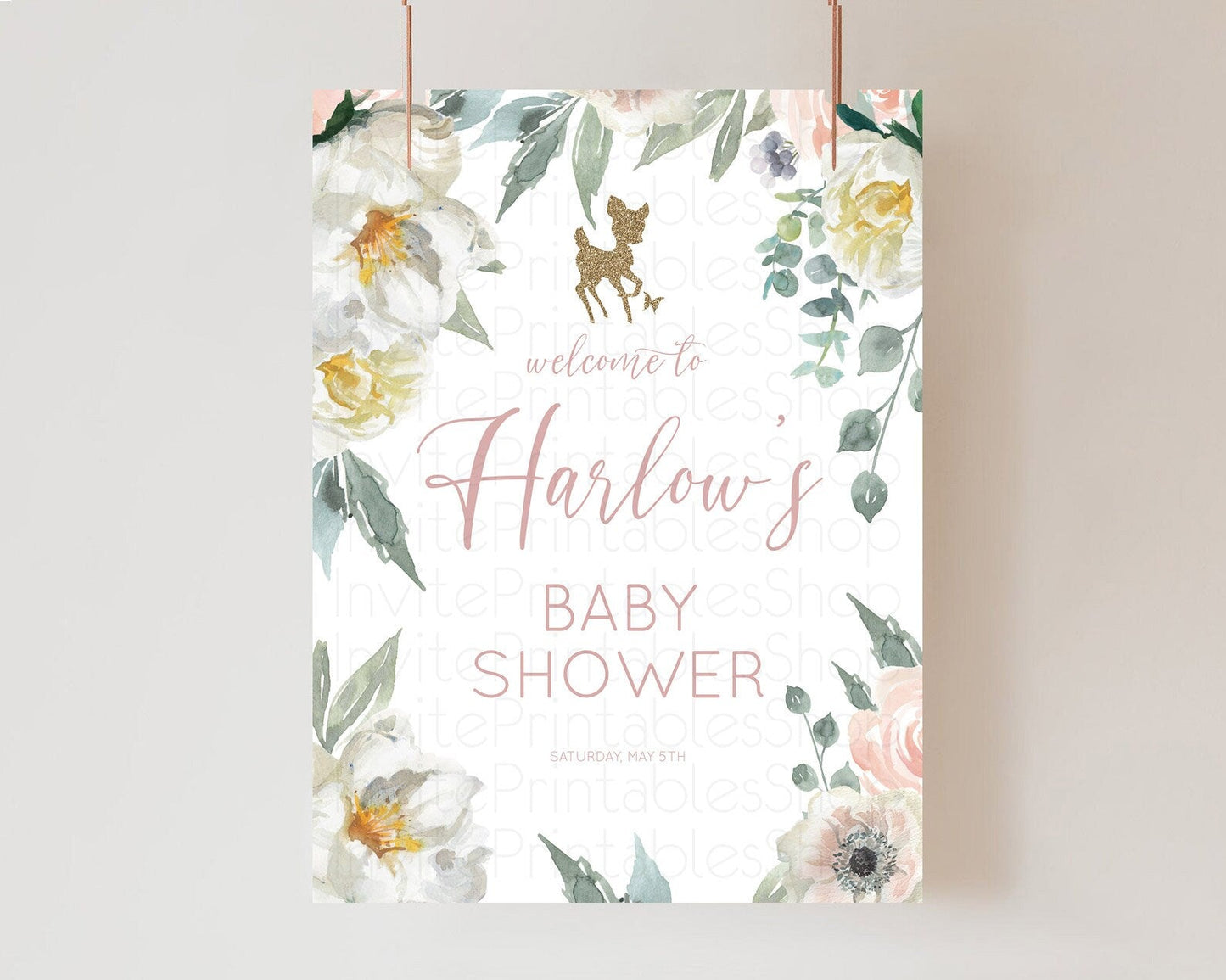 Fawn Baby Shower Welcome Sign Deer Welcome Board Floral Deer Welcome Poster Enchanted Forest Butterfly Pastel Floral Welcome Sign D10120
