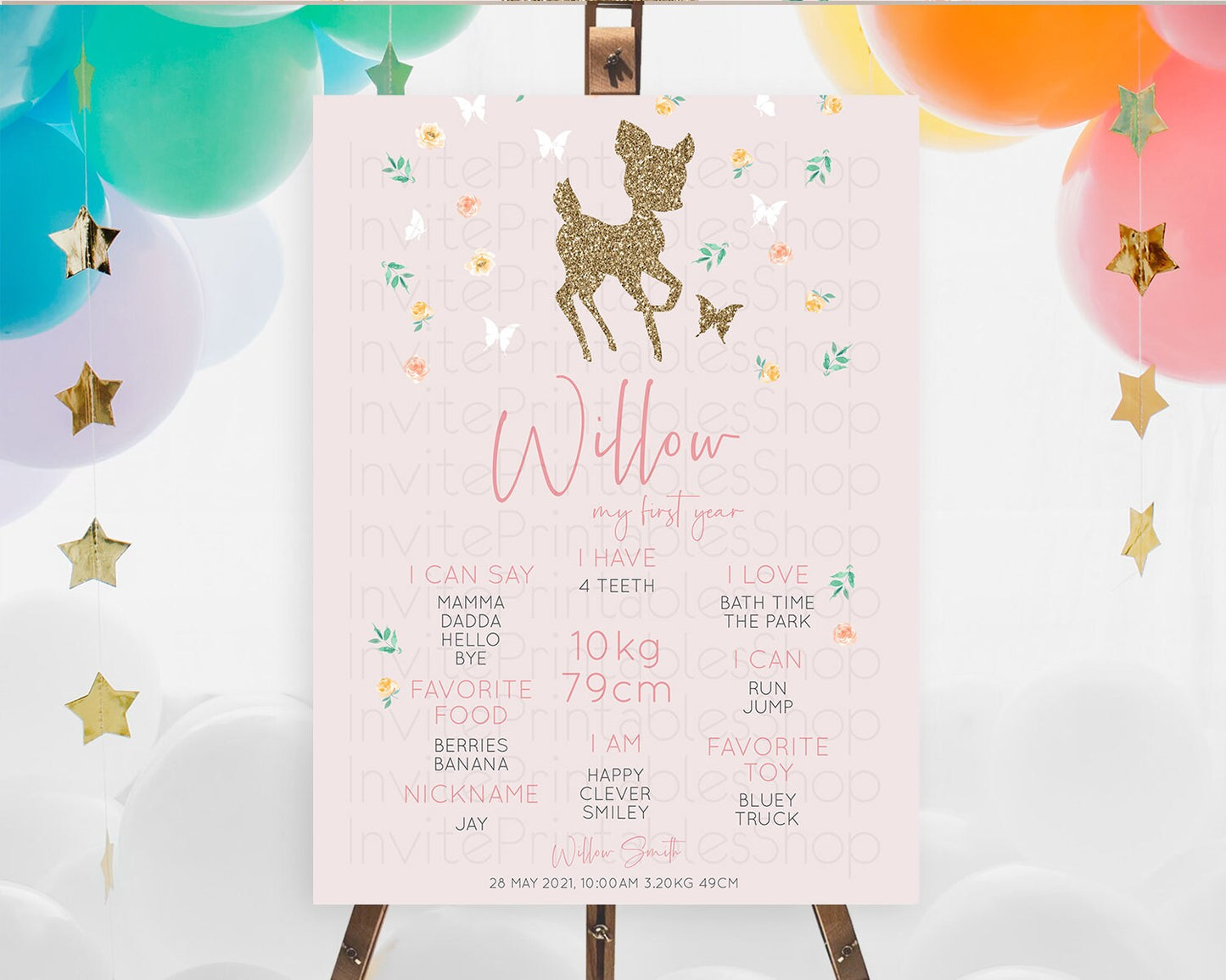 Fawn First Birthday Milestone Board Deer First Birthday Milestone Poster Enchanted Forest Butterfly Pastel Flowers 1st Birthday Sign D10386