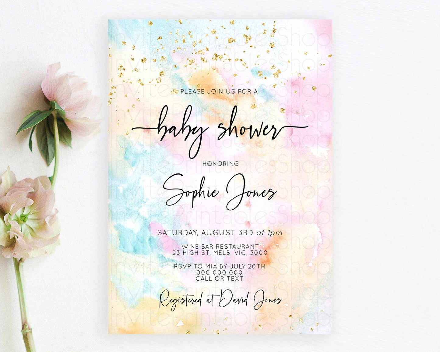 Pastel Baby Shower Invitation Rainbow Baby Shower Invitation Colorful Pastel Watercolor Invitation Gold Glitter Sprinkles Ombre D10548