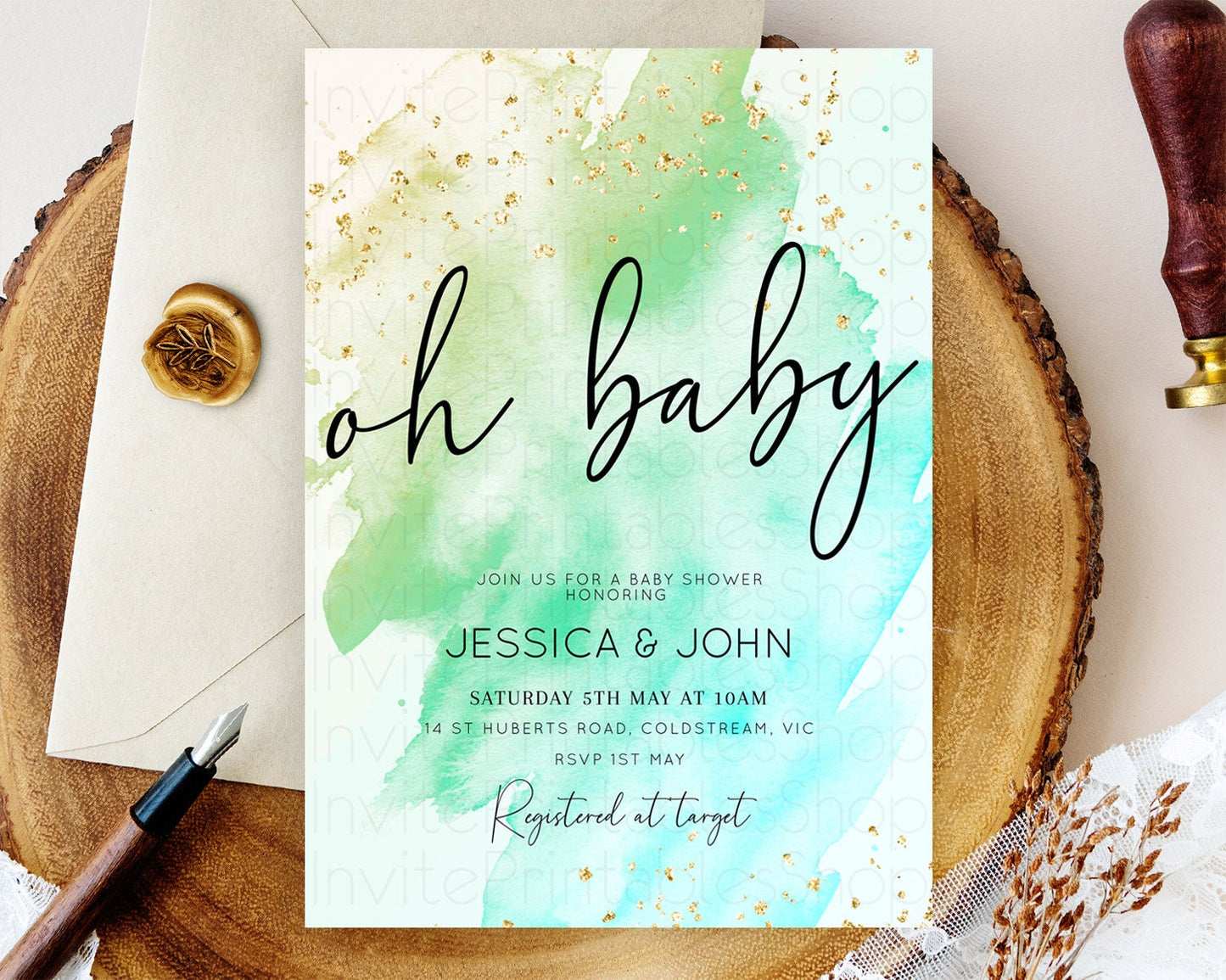 Green Watercolor Baby Shower Invitation: Pastel Green Ombre with Gold Sprinkle Accents, Watercolor Splash - 'Oh Baby' Theme D10170