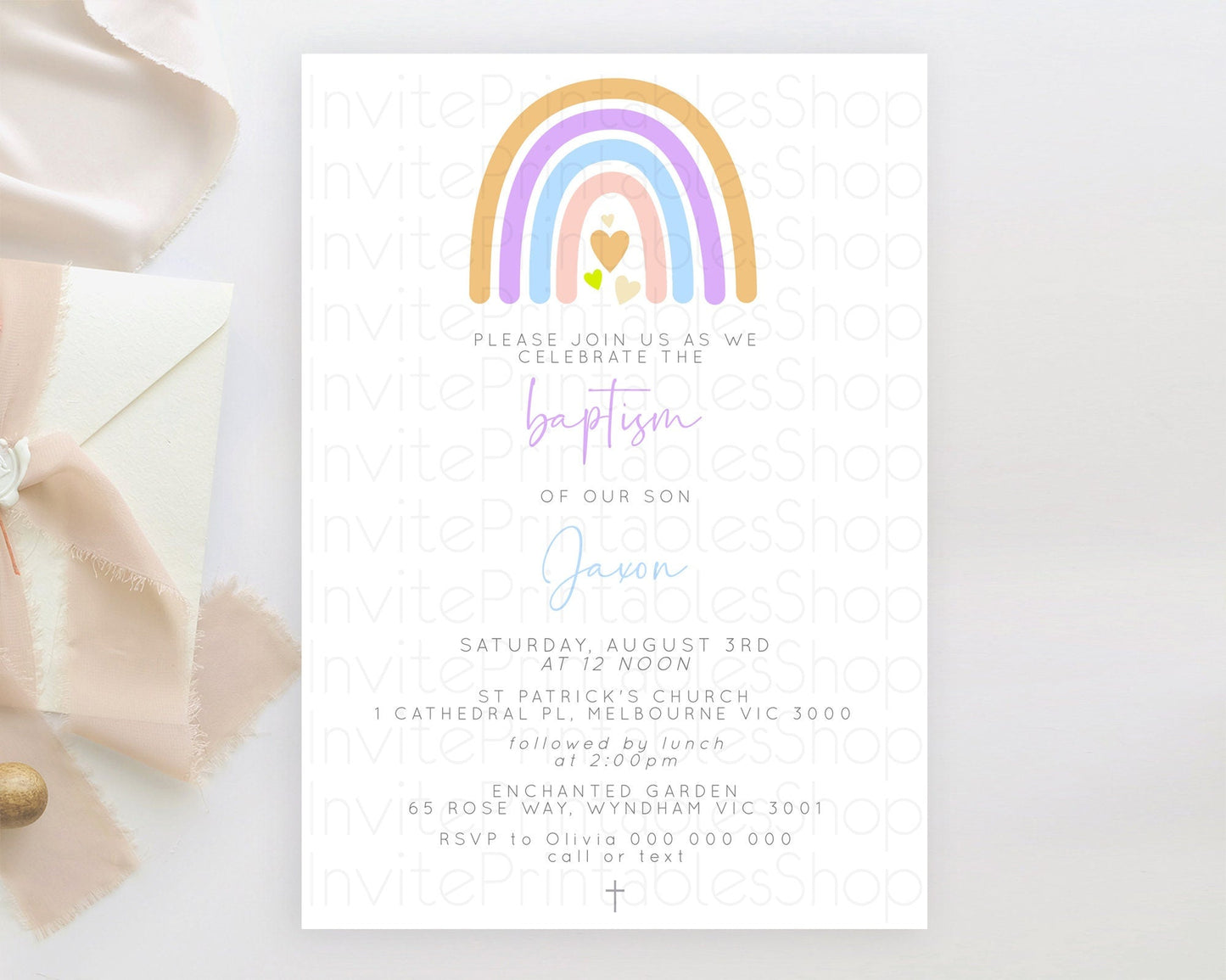 Pastel Rainbow Baptism Invitation Boho Rainbow Baptism 1st Birthday Invitation Rainbow Pastel Watercolor Christening Invitation D10238