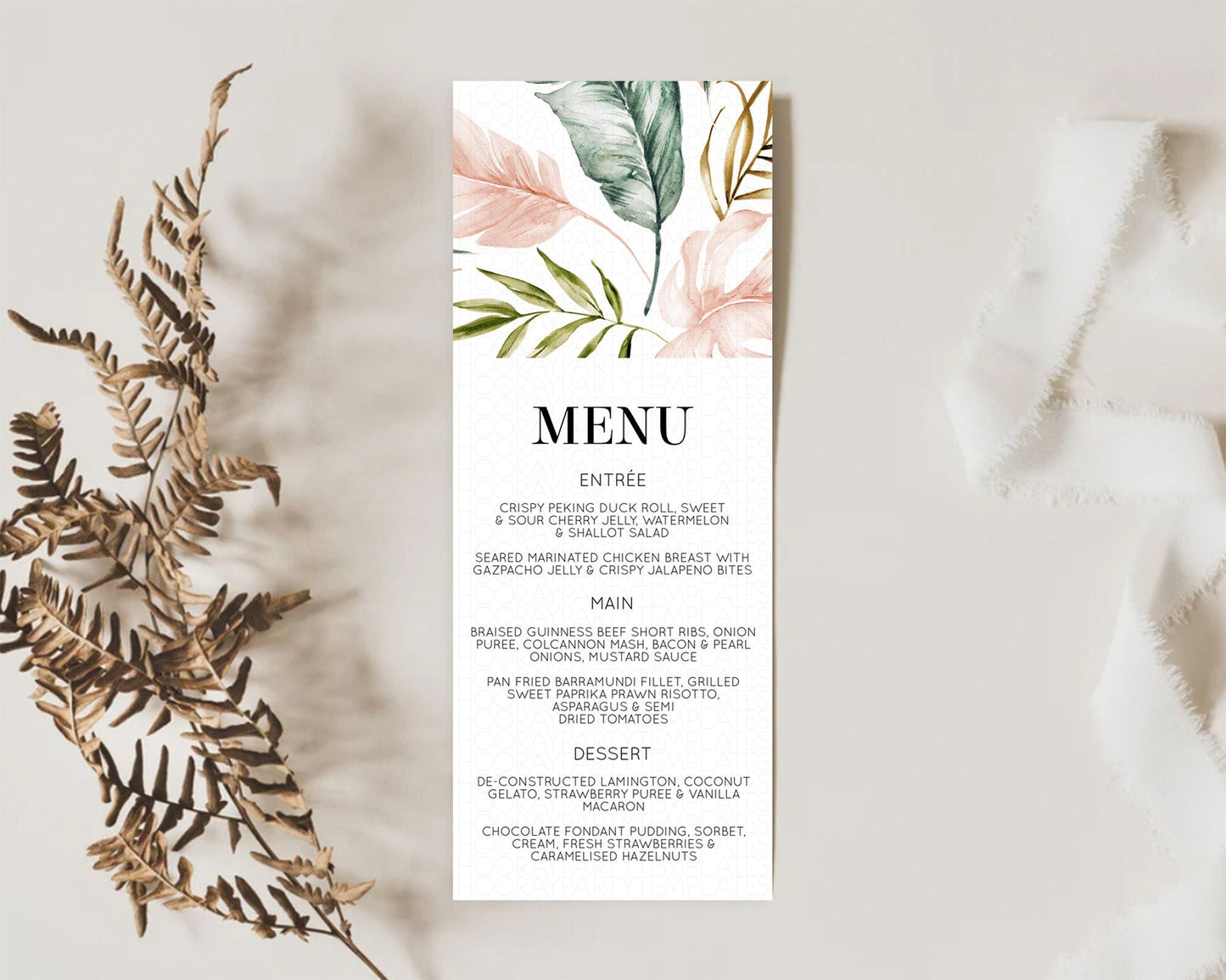 Tropical Menu Template Tropical Menu Palm Leaf Fern Table Decor Frangipani Floral White Orchid Dinner Dessert Menu Party Food Menu D11064