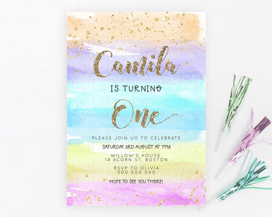 Rainbow Birthday Invitation Colorful Pastel Watercolor Invitation Gold Glitter Sprinkles Ombre Pastel 1st 2nd 3rd Birthday D23271