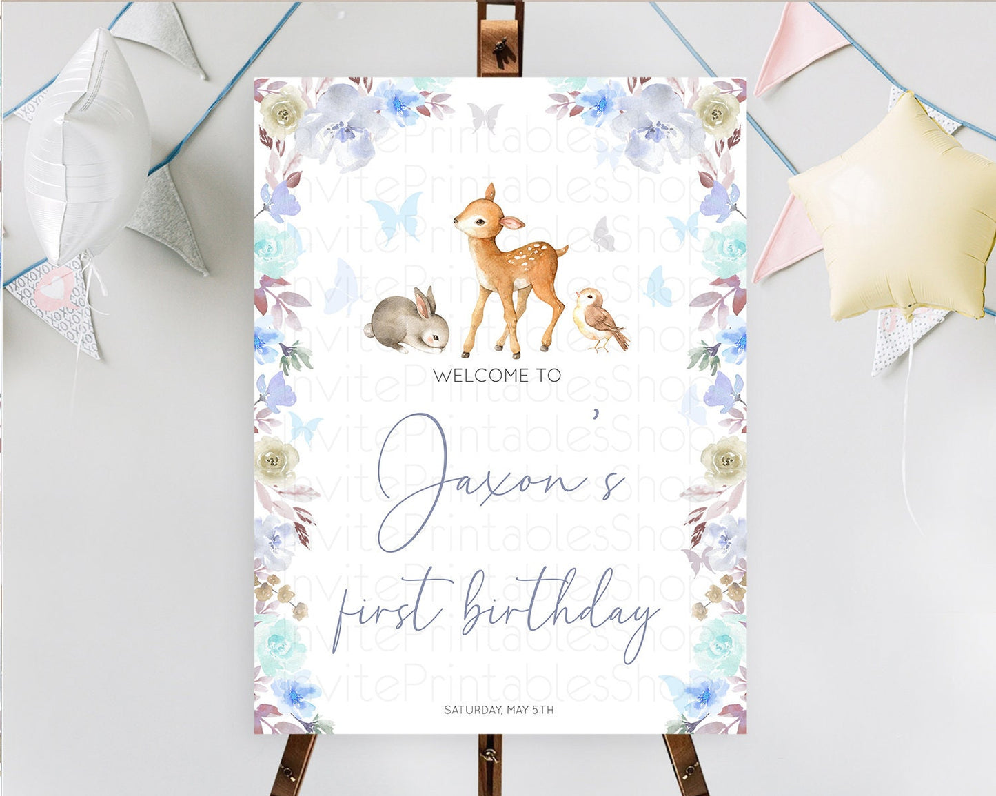Fawn Welcome Sign Deer Welcome Board Floral Deer Welcome Poster Enchanted Forest Butterfly Pastel Floral First Birthday Welcome Sign D10929