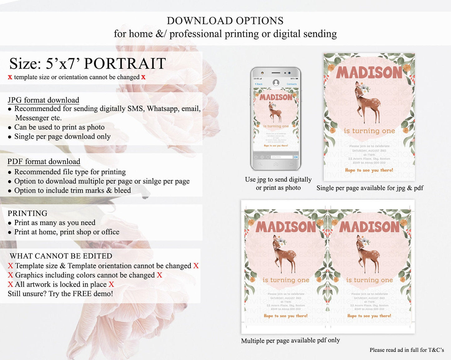 Fawn Birthday Invitation Deer Birthday Invitation Enchanted Forest Party Butterfly Pastel Flowers Whimsical 2nd 1st First Birthday D10655