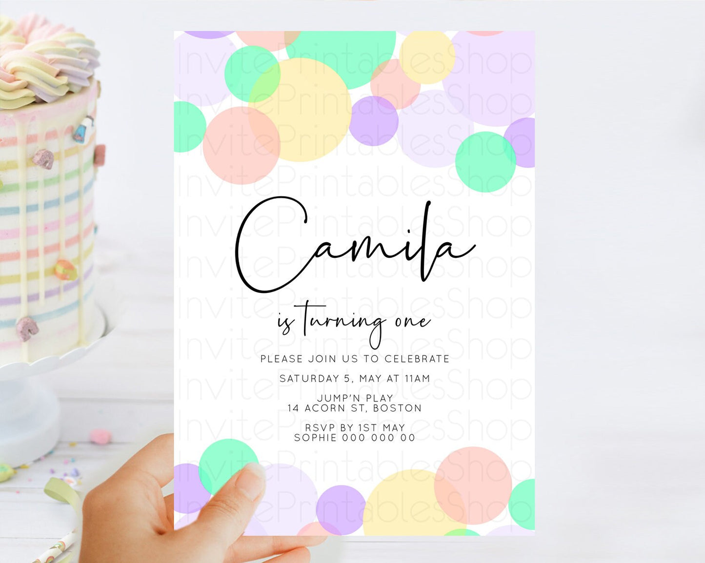 Pastel Birthday Invitation Pastel Confetti Birthday Invitation Bubbles Invitation Colorful Rainbow Confetti 2nd 1st First Birthday D10380