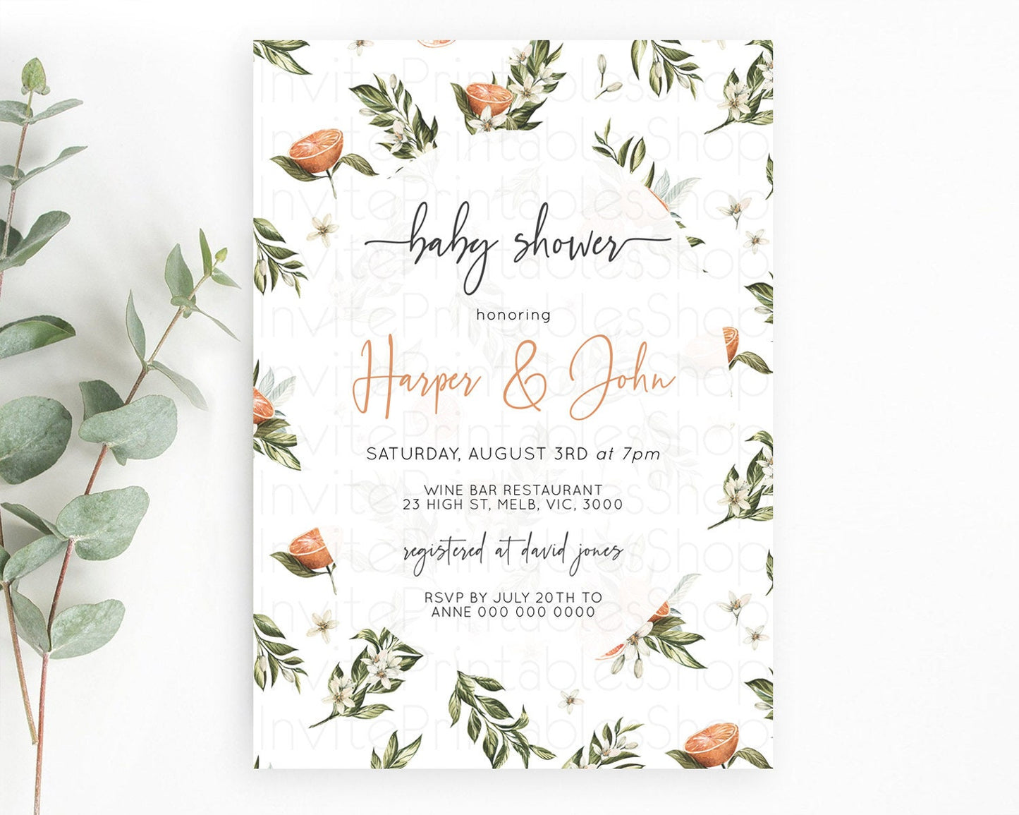Citrus Baby Shower Invitation Orange Lemon Invitation Citrus Floral Garden Theme Citrus Floral Watercolor Invitation D10545
