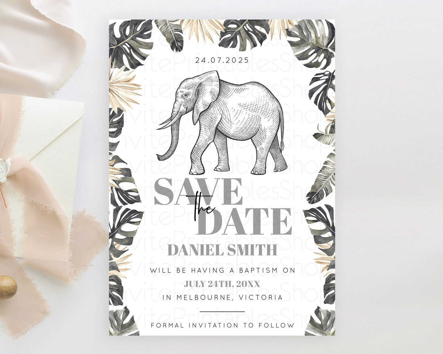 Elephant Save The Date Template Elephant Safari Adventure Party Dried Palm Fern Zoo 1st Birthday Baptism Baby Shower Bridal Shower D10806