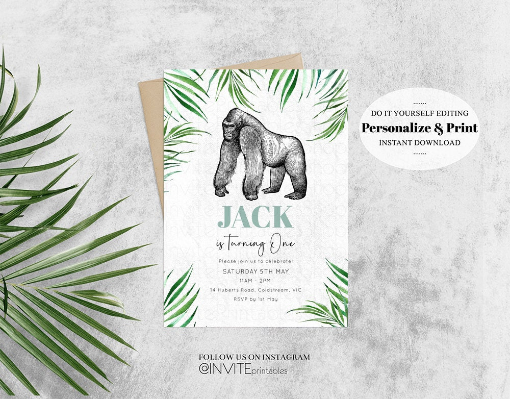 Gorilla Birthday Invitation Watercolor Gorilla Tropical Palm Jungle Safari Adventure Zoo Party Wild Party Animal Custom Editable Invite p284