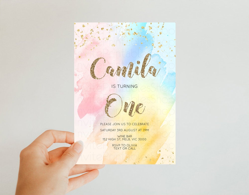 Rainbow Birthday Invitation Pastel Birthday Invitation Ombre Rainbow Invite Colorful Watercolor Invite Glitter Sprinkle Invitation