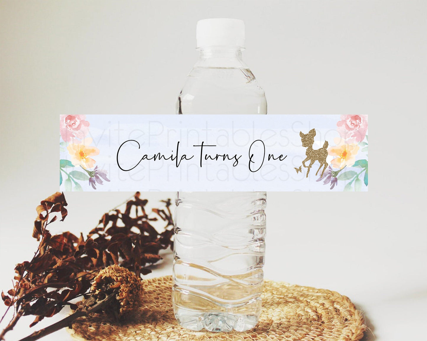 Fawn Deer Water Label Template Pastel Floral Deer Enchanted Forest Butterfly Party Decor Birthday Baptism Baby Shower Bridal Shower D10879