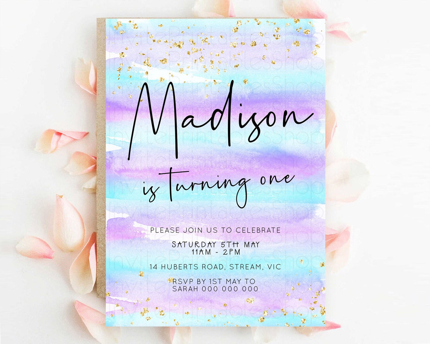Pastel Birthday Invitation Ombre Watercolor Birthday Invitation Glitter Rainbow Color Splash 1st 2nd 3rd Birthday Invitation D23033