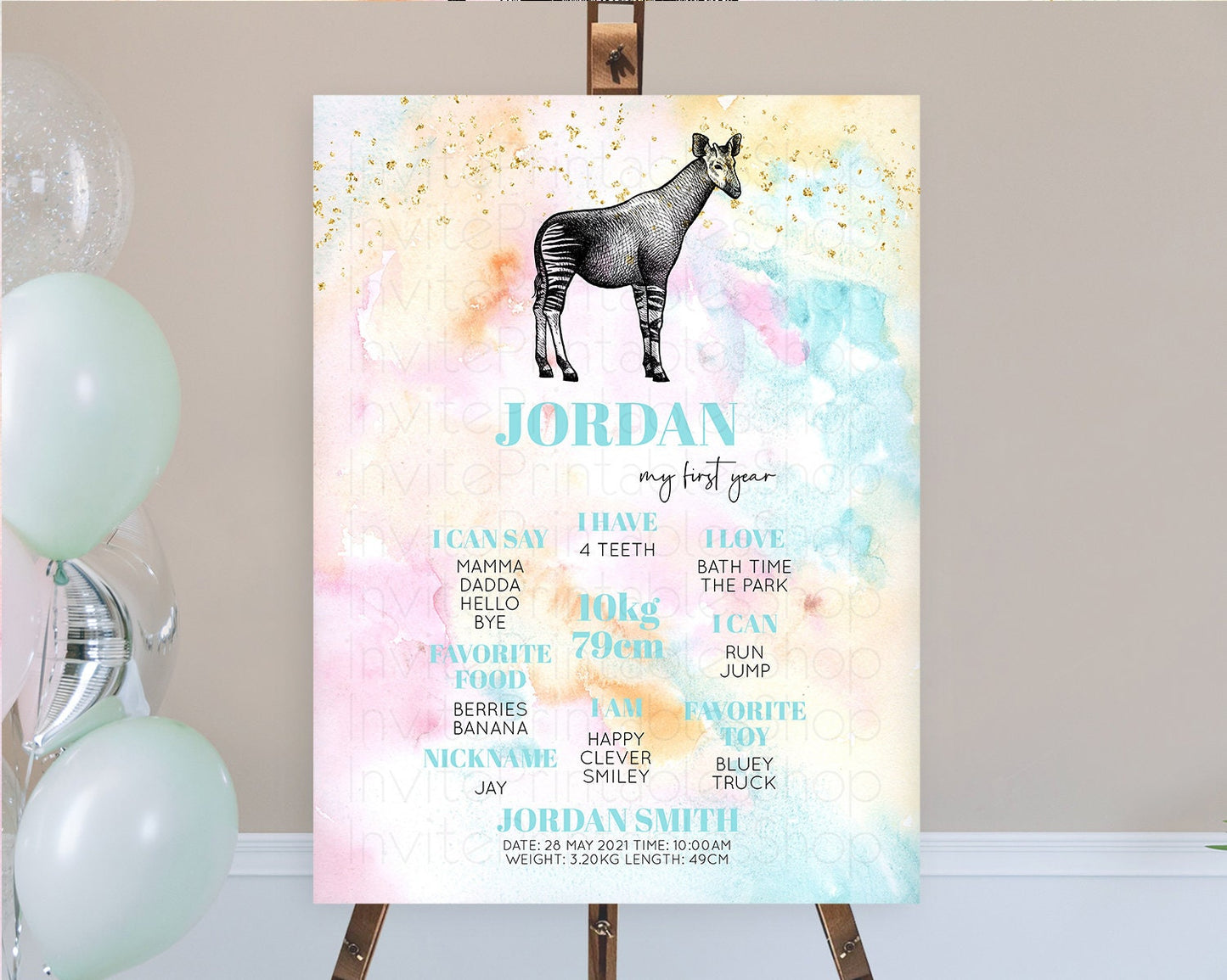 Pastel Okapi First Birthday Milestone Board Okapi Milestone Poster Colorful Rainbow Pastel Watercolor Okapi 1st Birthday Sign D10282