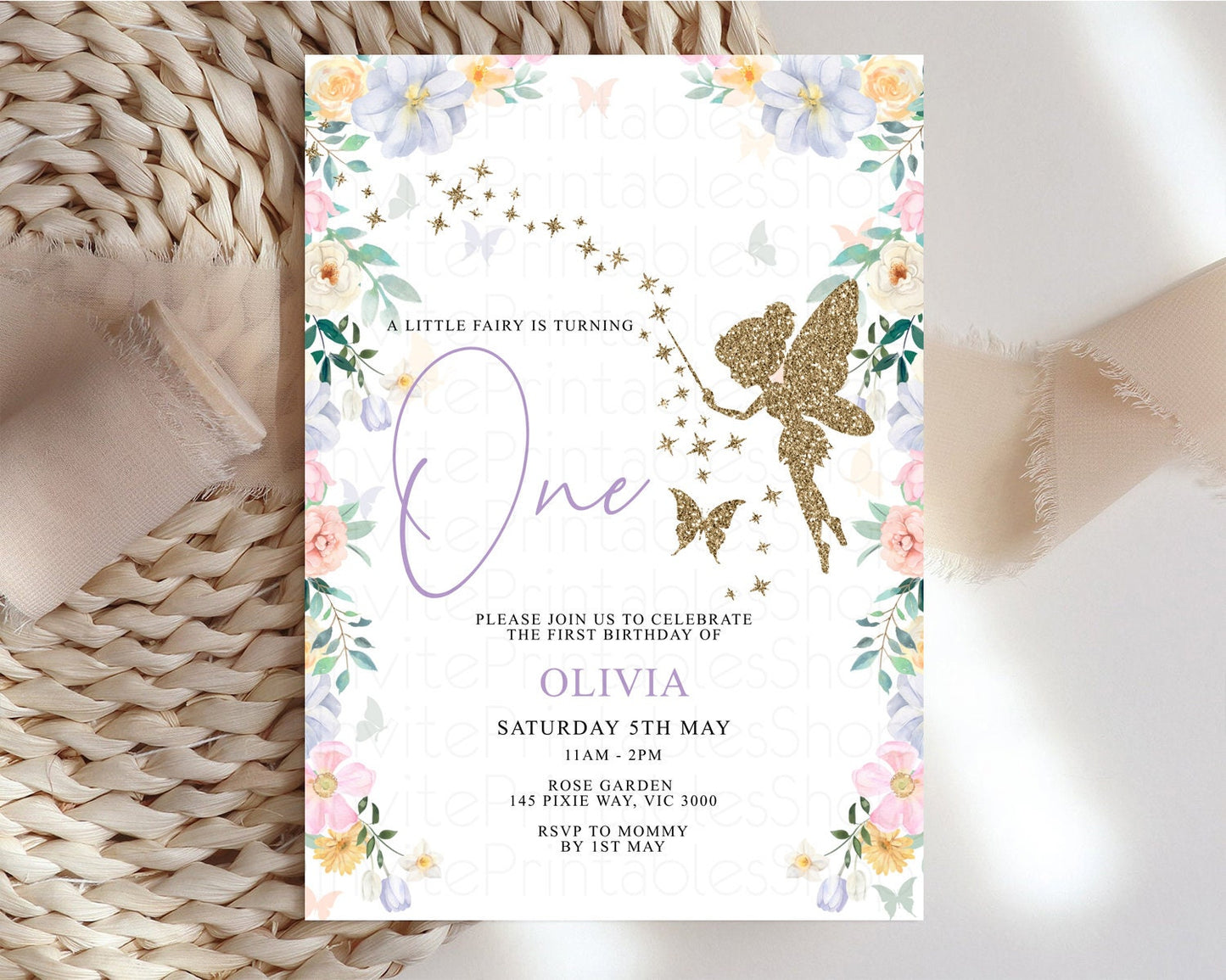 Fairy Birthday Invitation Glitter Fairy Invite Enchanted Garden Tinkerbell Invite Pastel Floral Invite Butterfly Garden Invite 1st 2nd F513