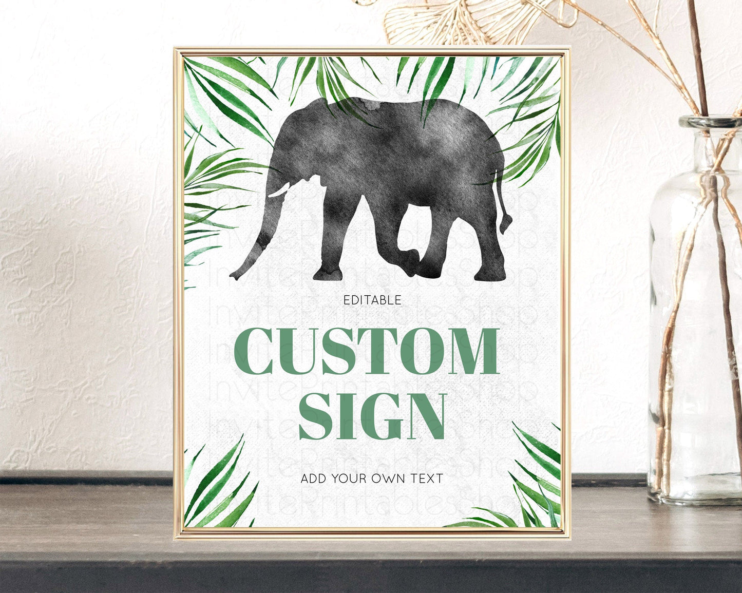 Elephant Sign Elephant Safari Adventure Party Table Sign Decor Dried Palm Fern Zoo 1st Birthday Baptism Baby Shower Bridal Shower D10842